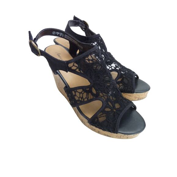 American Eagle Black Lace Sling Back Cork Wedge Sandal - Size 9, Women's Shoes - Picture 2 of 5
